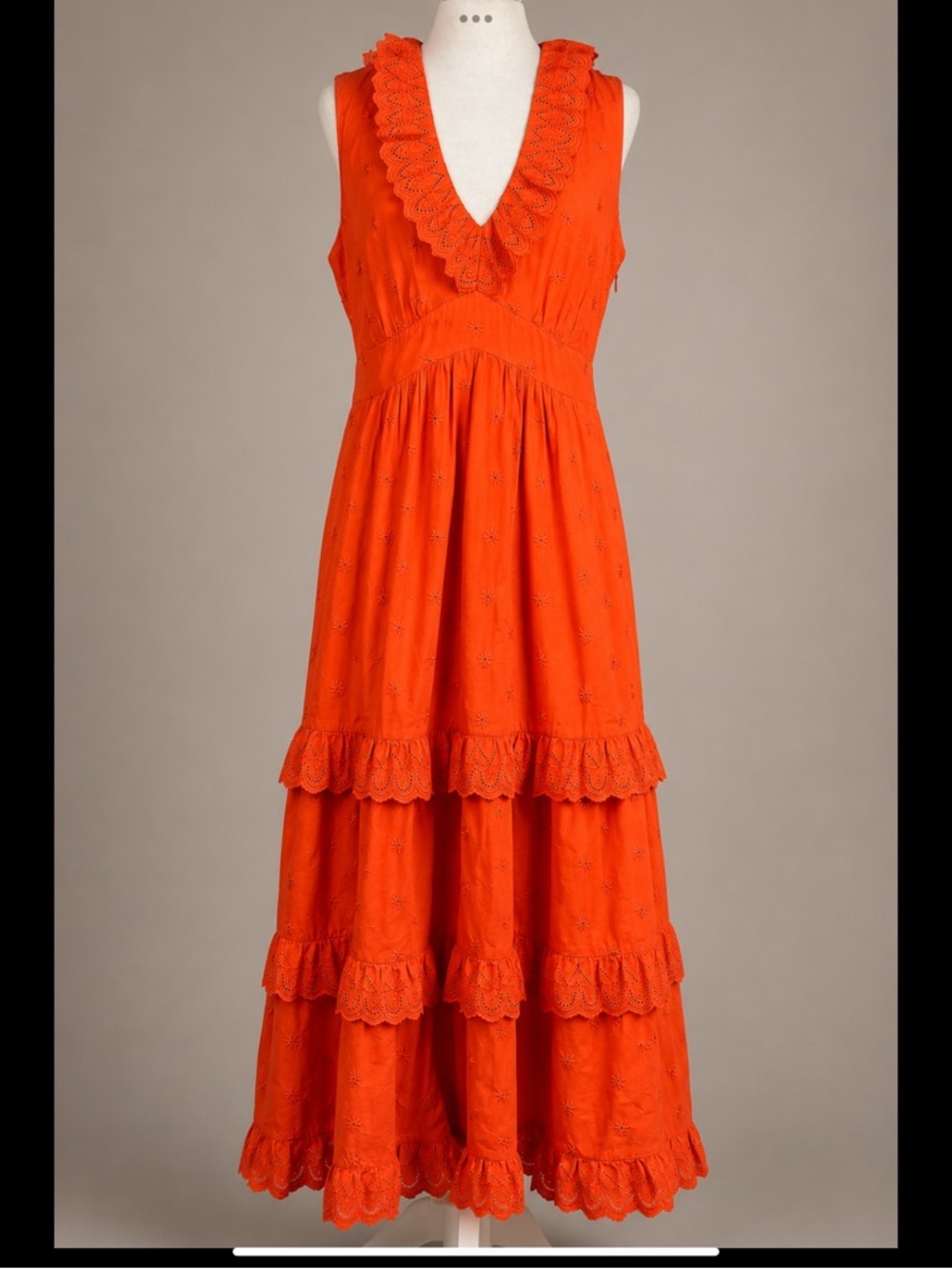 Boden Coral Eyelet Maxi Dress 100% Cotton Tiered Boho Cottagecore Pockets US 8